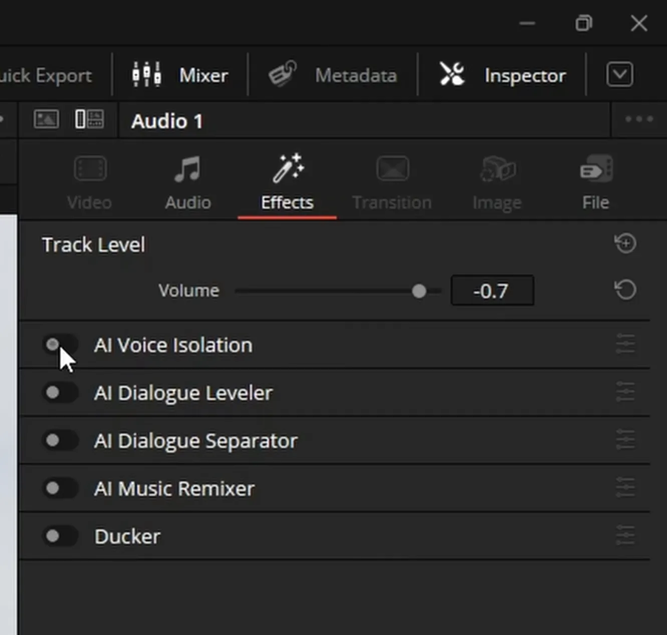 Inspector аудиоклипа: AI Voice Isolation, AI Dialogue Leveler, AI Music Remixer и Ducker