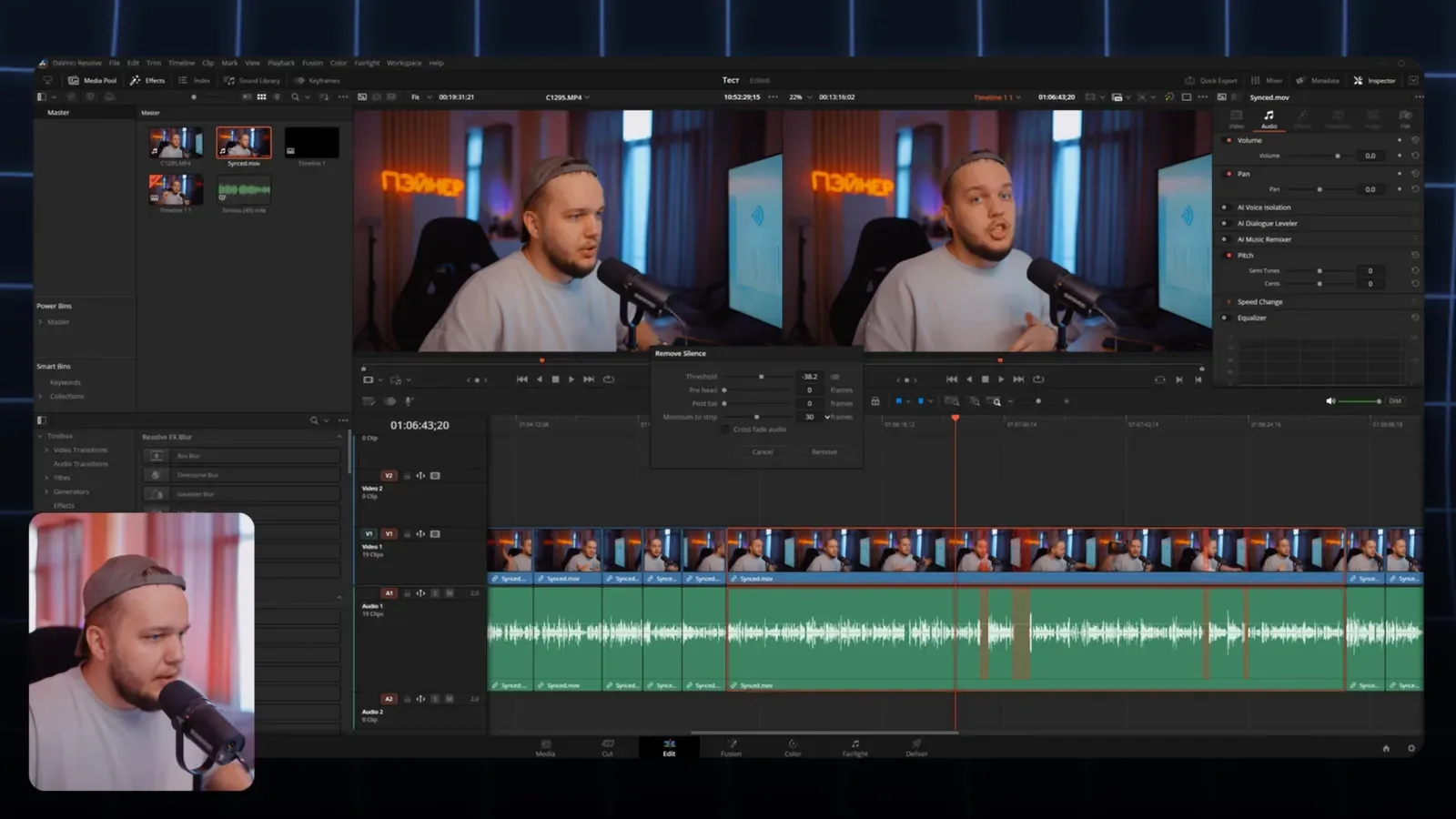 Таймлайн DaVinci Resolve после удаления пауз: длинный клип разрезан на десятки коротких кусков