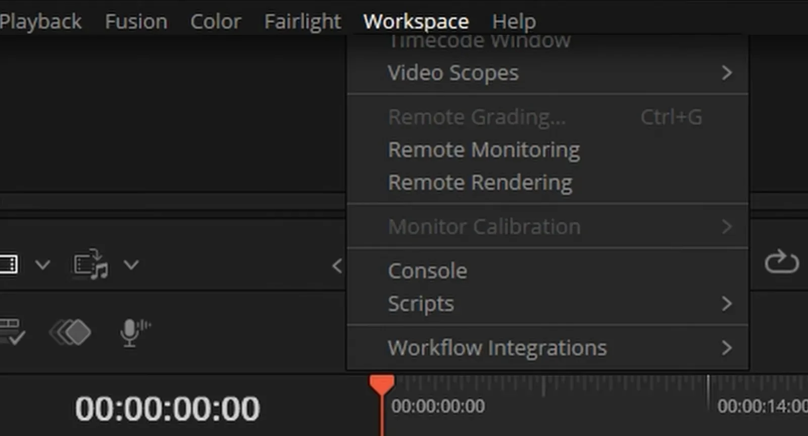 Меню Workspace в DaVinci Resolve: пункты Console, Scripts и Workflow Integrations