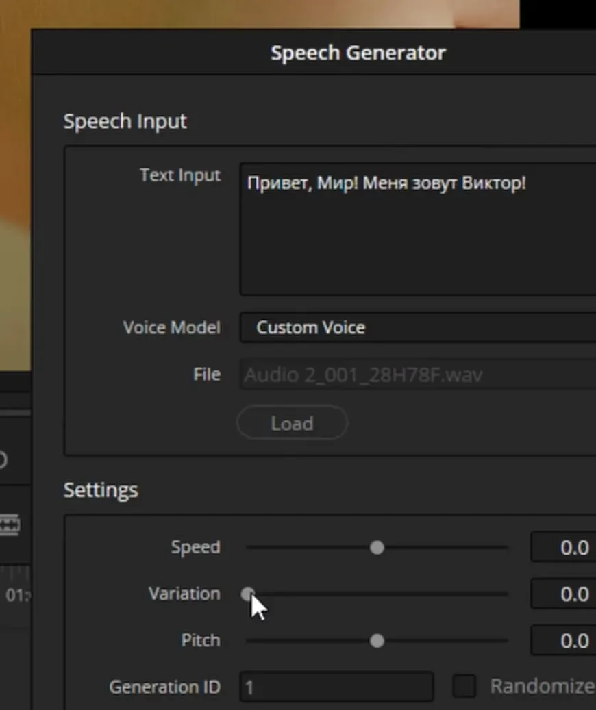Окно Speech Generator в DaVinci Resolve 21: текст «Привет, Мир! Меня зовут Виктор!», модель голоса и настройки скорости и высоты