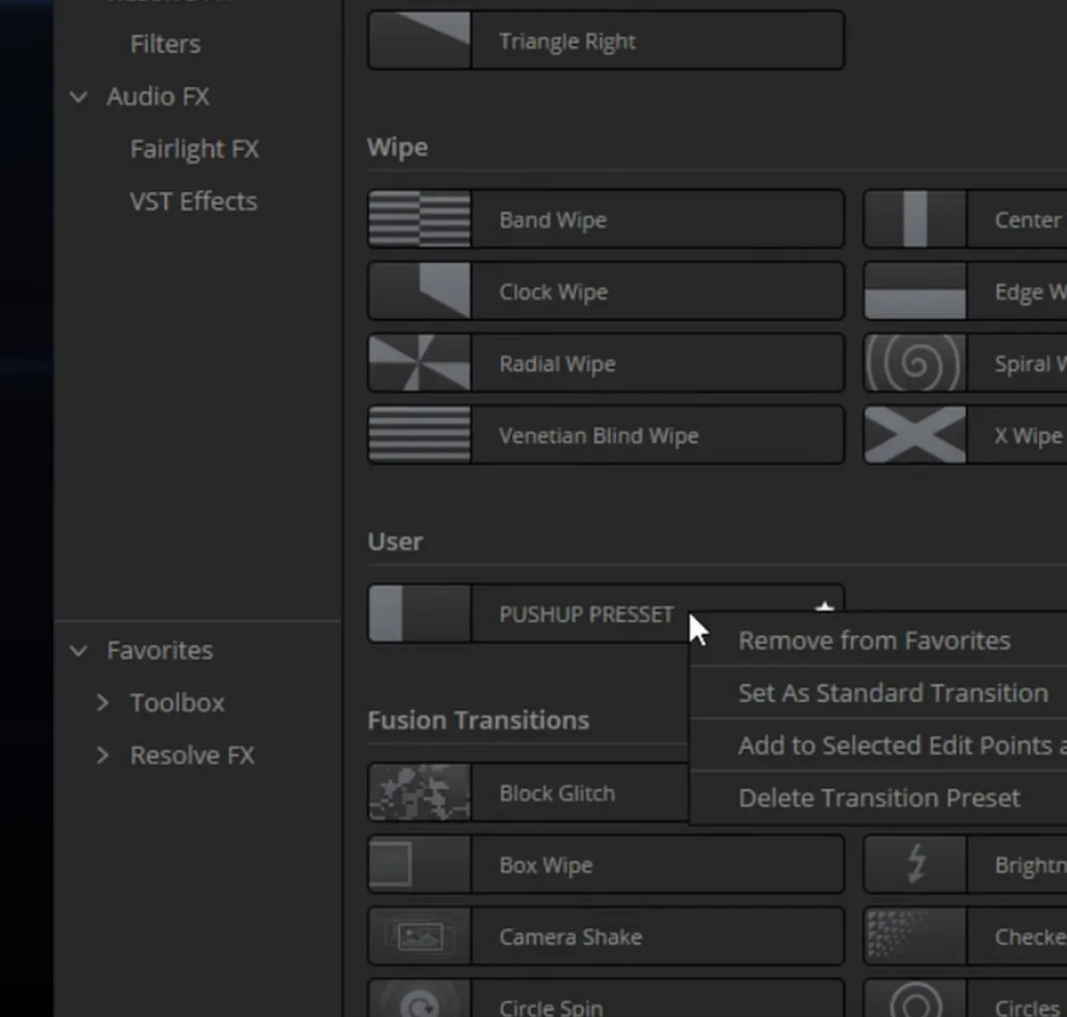 Группа User в Video Transitions с сохранённым пресетом перехода и меню: Remove from Favorites, Set As Standard Transition, Delete Transition Preset