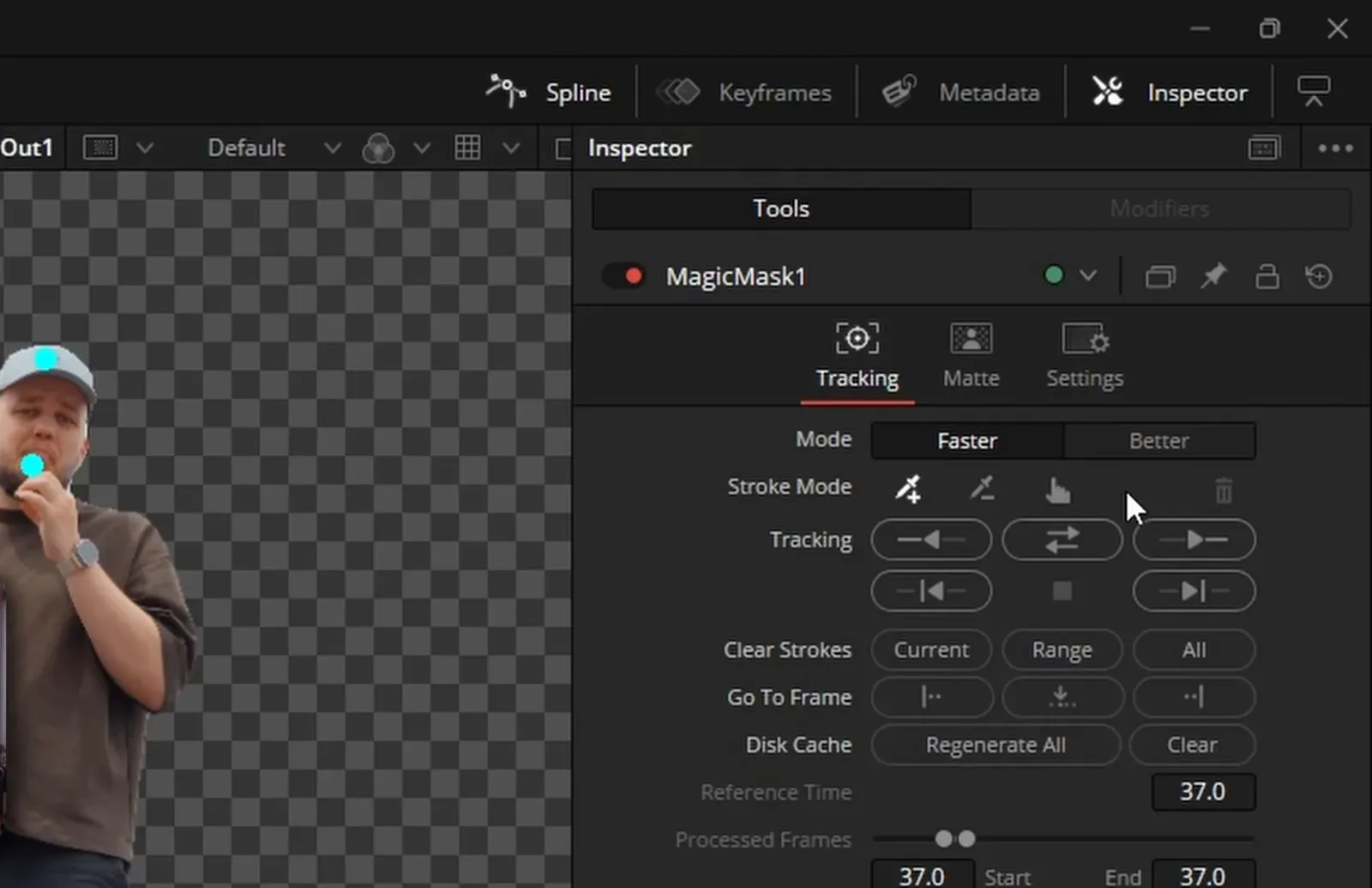 Magic Mask во Fusion: человек вырезан из фона, в Inspector настройки трекинга Faster и Better