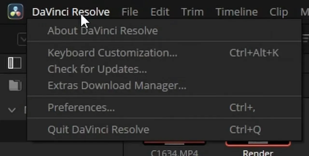 Меню DaVinci Resolve: Keyboard Customization, Check for Updates, Extras Download Manager, Preferences