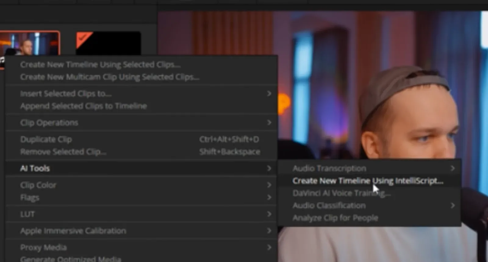 Правый клик по клипу в Media Pool → AI Tools: Audio Transcription, Create New Timeline Using IntelliScript, Audio Classification