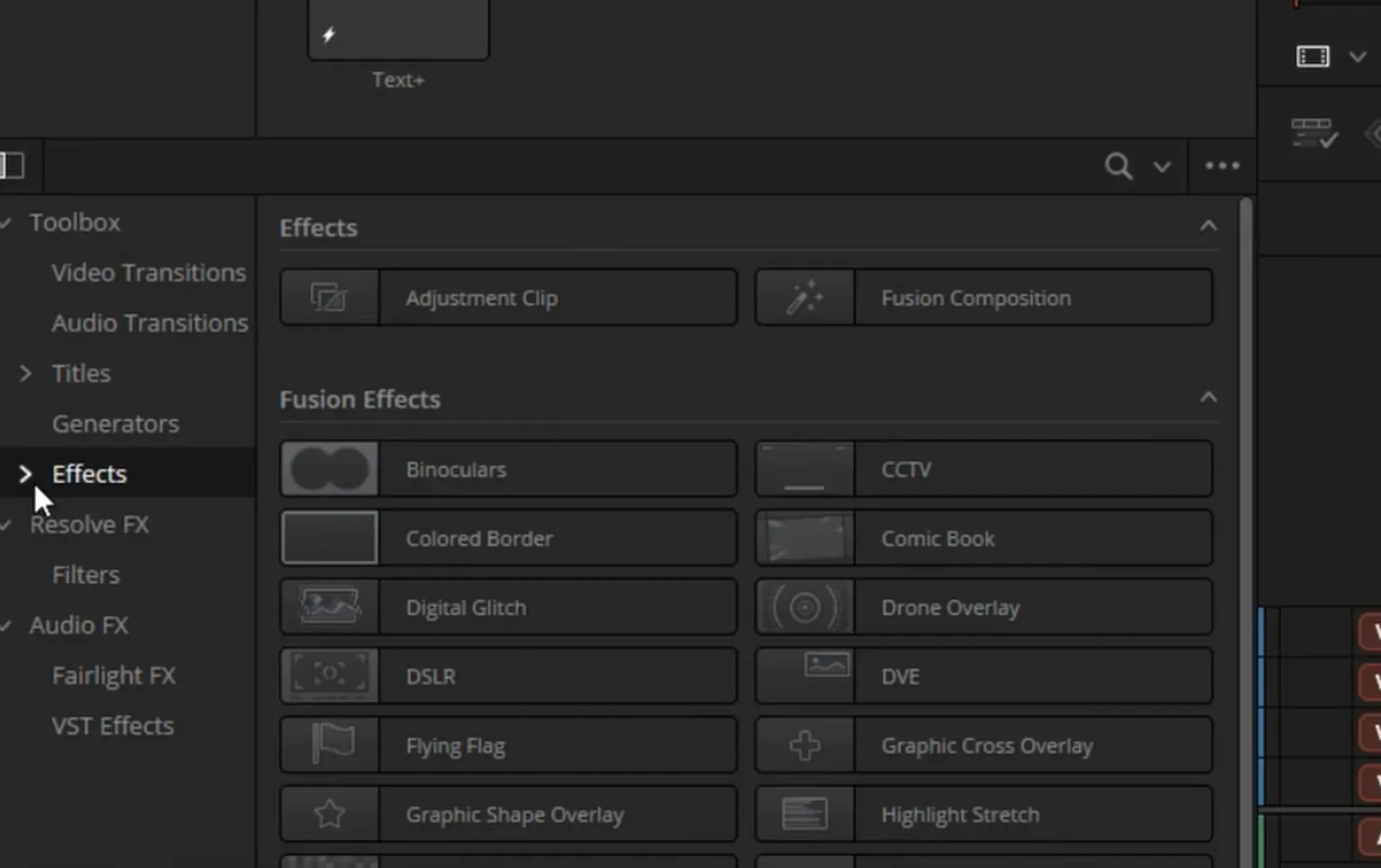 Панель Effects на странице Edit: дерево Toolbox с разделами Video Transitions, Titles, Generators, Effects и список Fusion Effects
