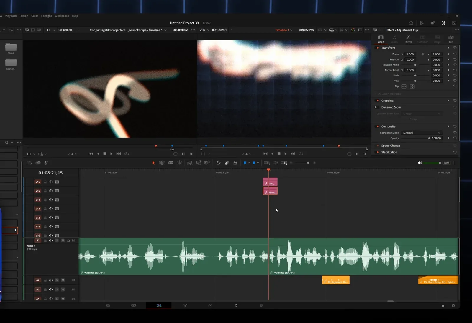 Корректирующий клип над склейкой на таймлайне DaVinci Resolve и размытый в движении кадр в окне просмотра