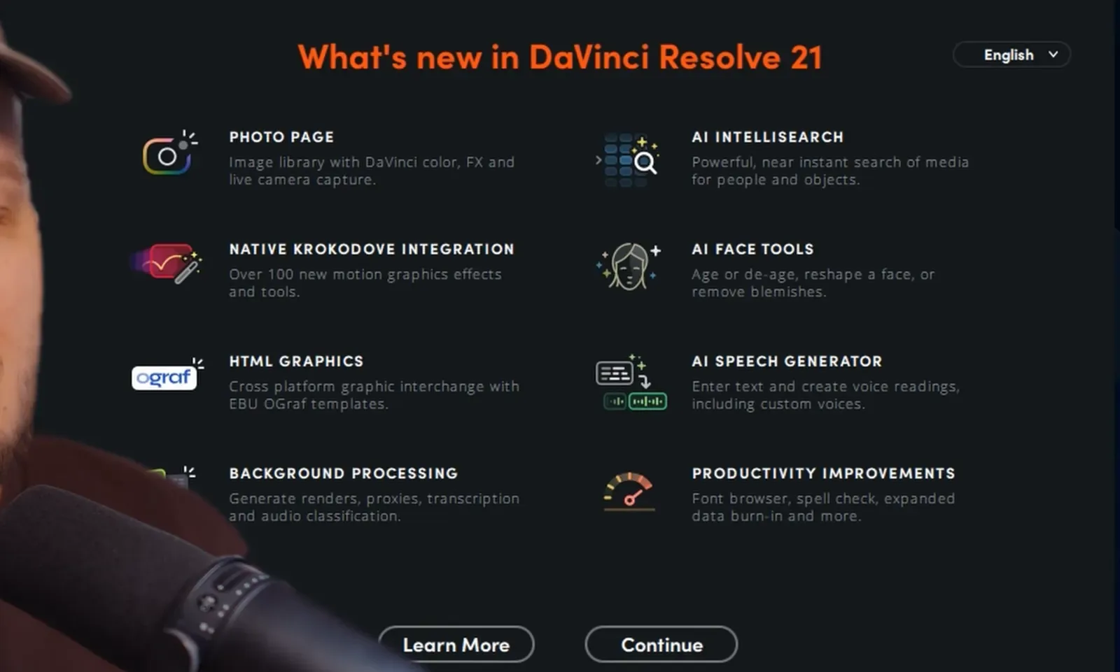 Окно What's new in DaVinci Resolve 21 при первом запуске: Photo Page, AI IntelliSearch, Krokodove, AI Face Tools, Speech Generator, фоновая обработка