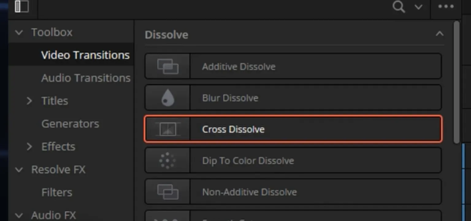 Effects Library → Toolbox → Video Transitions: группа Dissolve с Additive, Blur, Cross Dissolve, Dip To Color и Non-Additive Dissolve