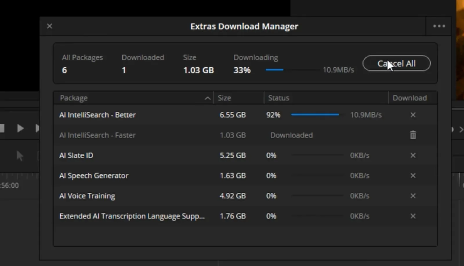 Окно Extras Download Manager в DaVinci Resolve 21: модели AI IntelliSearch, Slate ID, Speech Generator, Voice Training и языки транскрипции с размерами
