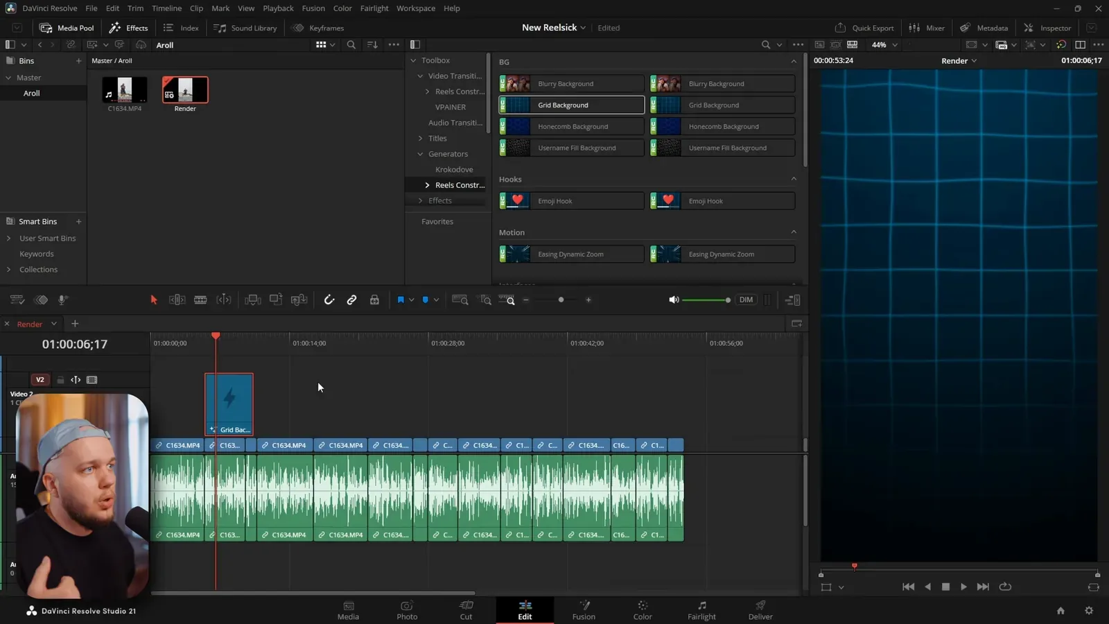 Установленный пак в Effects Library DaVinci Resolve: фоны Reels Конструктора и пресет на таймлайне вертикального ролика