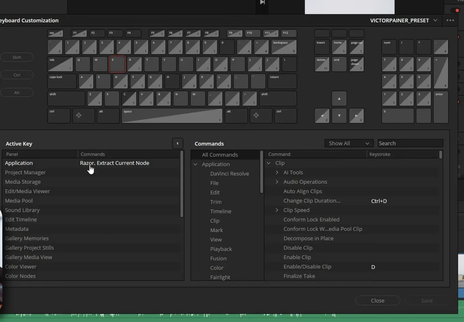 Окно Keyboard Customization в DaVinci Resolve: раскладка клавиатуры, список команд и назначенные сочетания