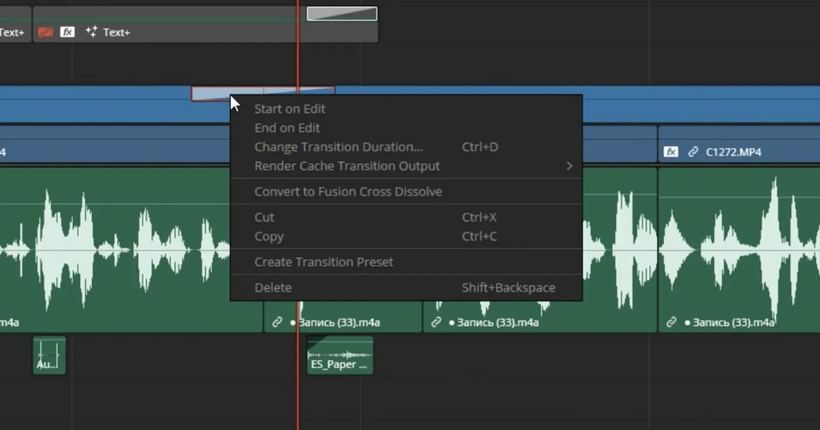 Меню правого клика по переходу на таймлайне: Change Transition Duration, Convert to Fusion Cross Dissolve, Create Transition Preset
