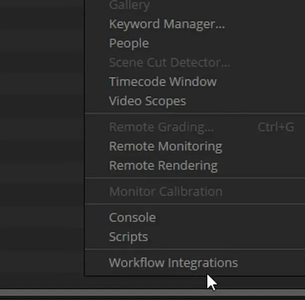 Меню Workspace в DaVinci Resolve с пунктом Workflow Integrations, через который запускается мост Media Boutique